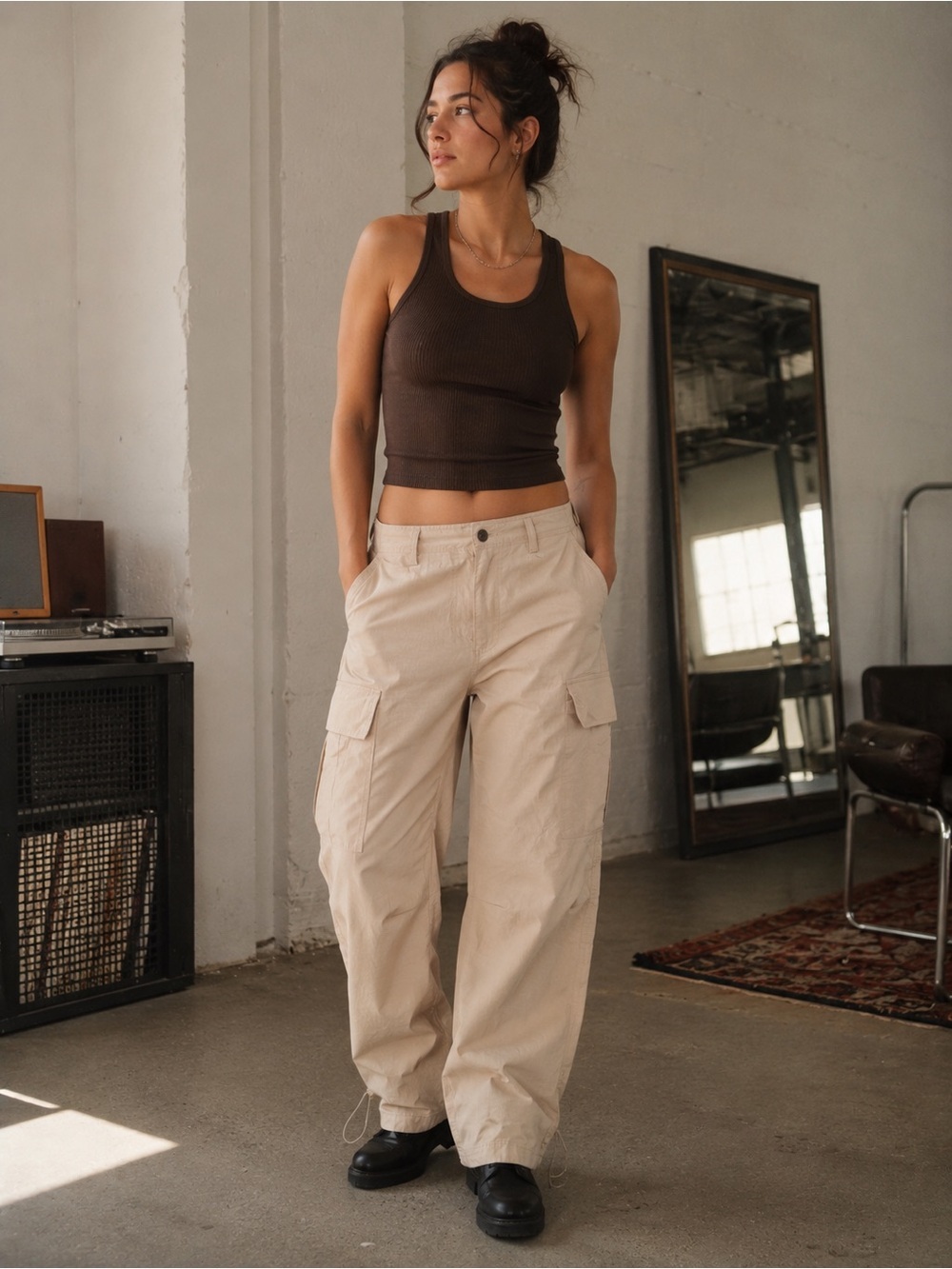 NWT Carhartt Inspired Ripstop Cargo Pants Beige Utility Drawstring Sz L AS IS